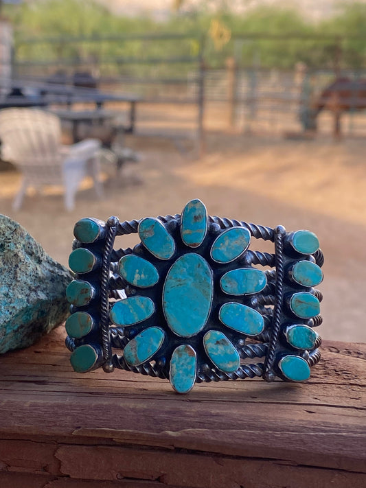 Handcrafted Jacqueline Silver Royston Turquoise & Sterling Cluster Cuff /