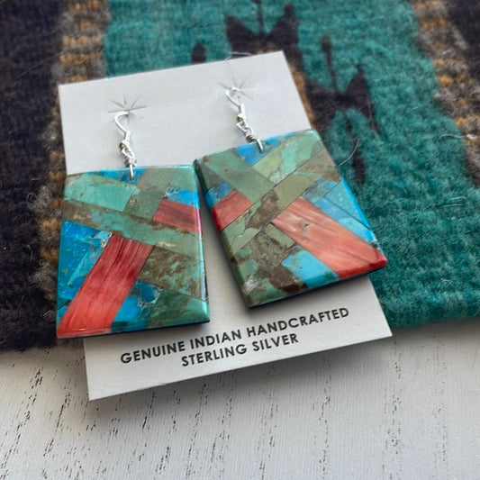 Handcrafted Multi Stone Inlay Dangle Earrings