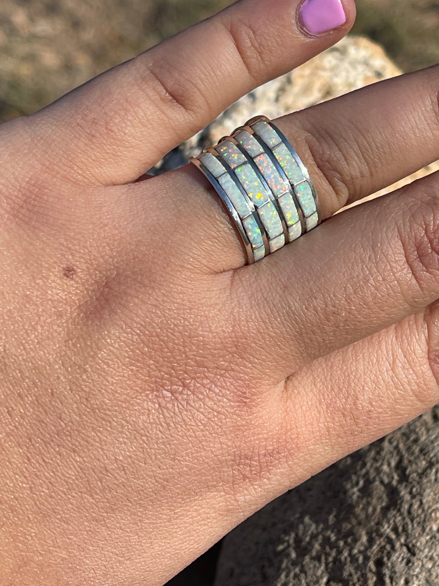 Handcrafted White Fire Opal 4 Row Stacker