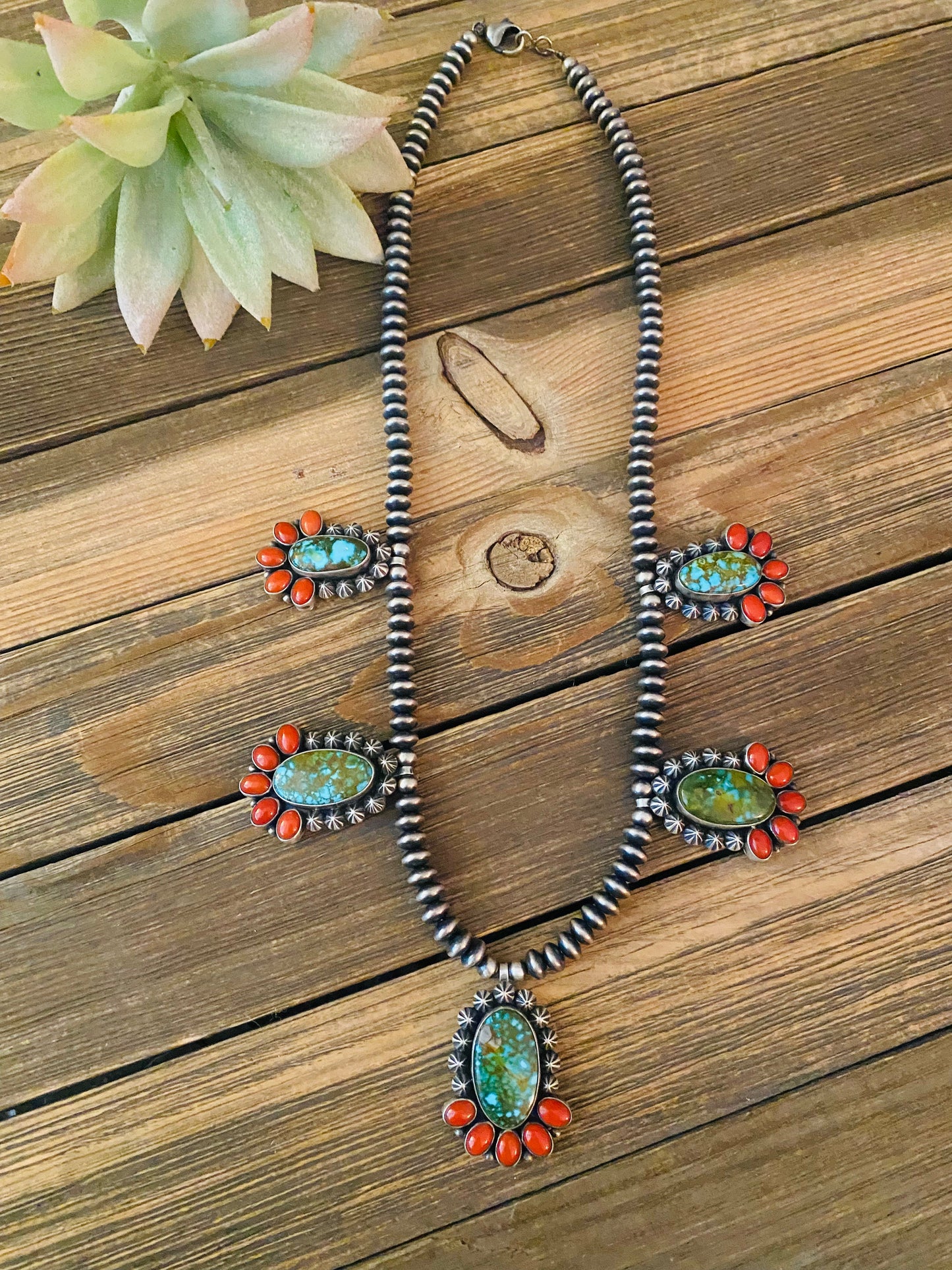Handcrafted Sterling Kingman Turquoise & Natural Red Coral Necklace Taos Collection
