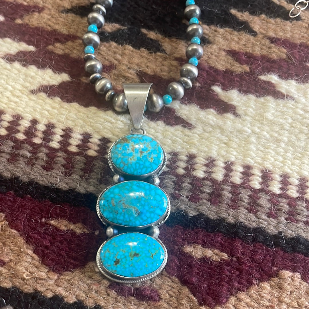 Beautiful Navajo Sterling Silver Beaded Turquoise Necklace With Pendant Signed Kathleen G