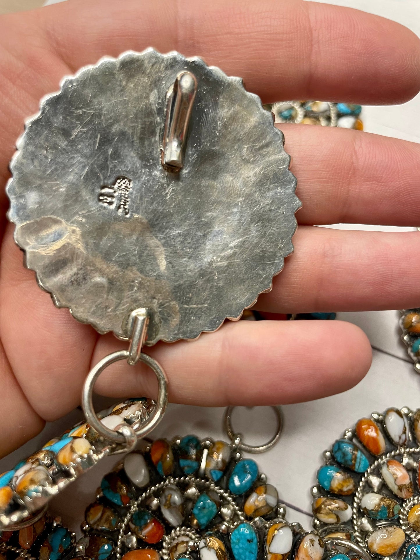 Handcrafted Multi Stone Spice Mojave Cluster And Sterling Silver Silver Belt, Signed TW