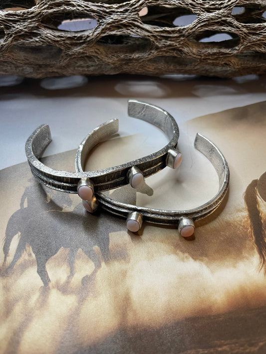 Handcrafted Pink Conch & Sterling Silver Tufa Cast Cuff Bracelet Signed