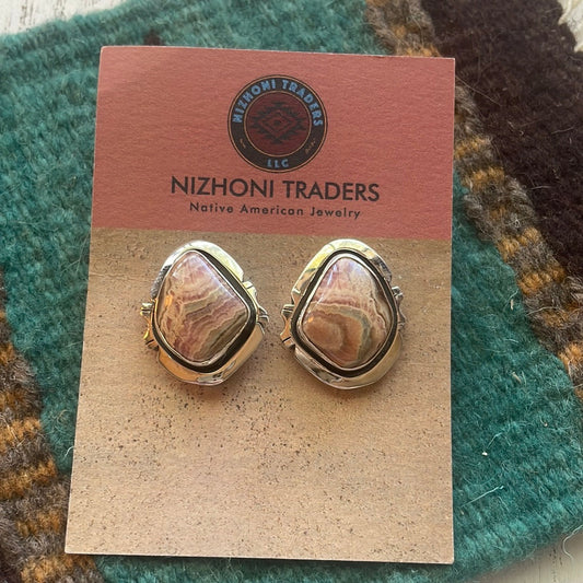 Handcrafted Sterling Silver & Rhodochrosite Stone Post Earrings Signed