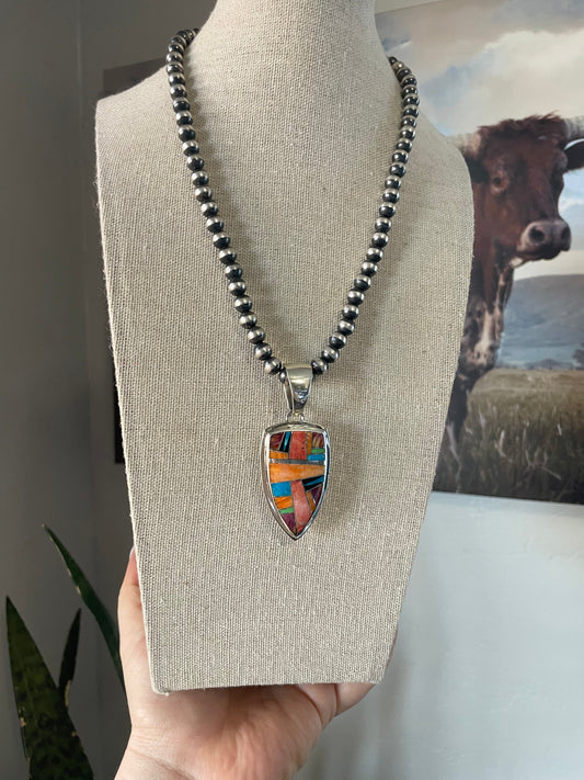Handcrafted Multi Stone Inlay & Sterling Silver Pendant Signed