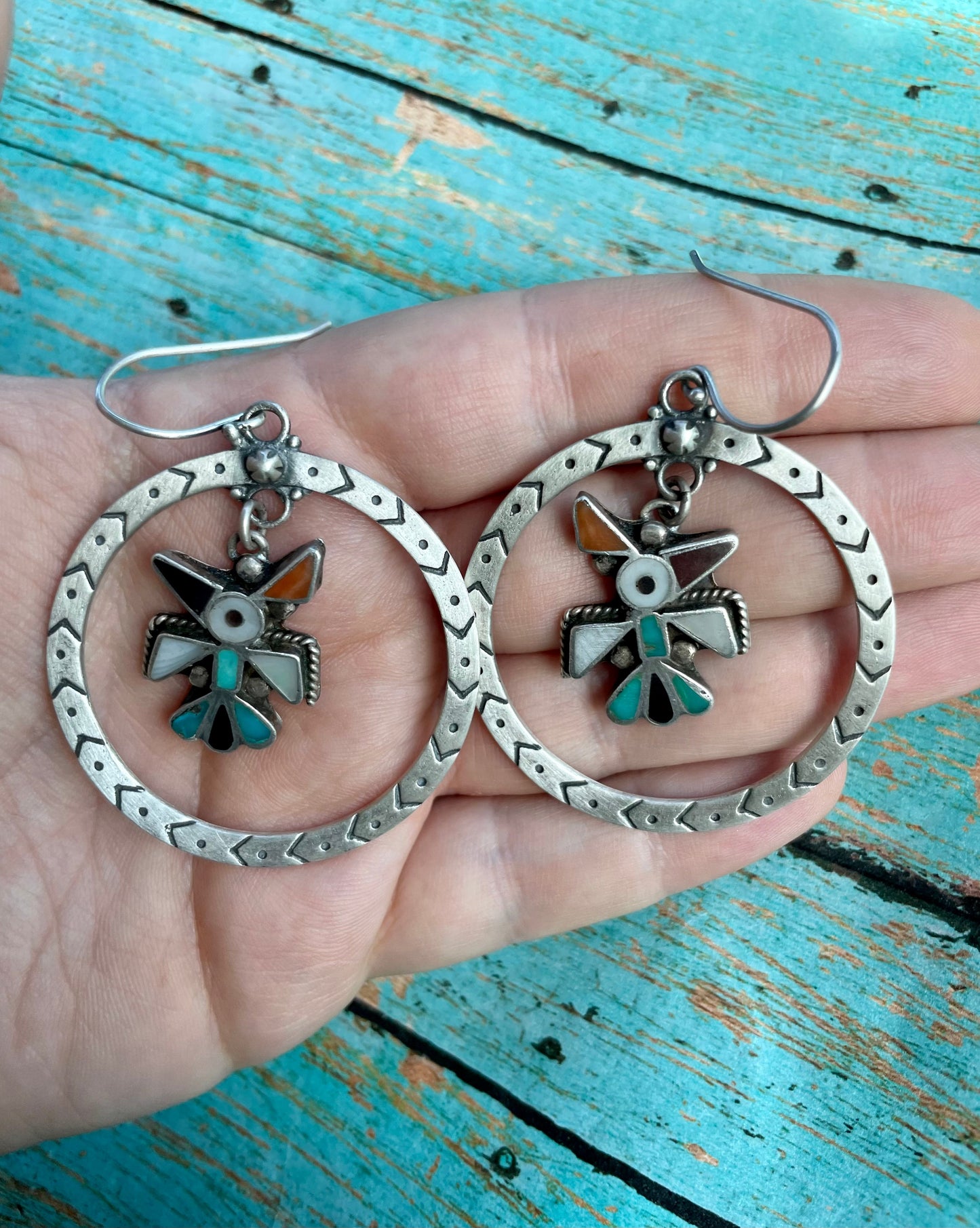 Vintage Old Pawn Handcrafted Thunderbird Sterling Silver Dangle Earrings
