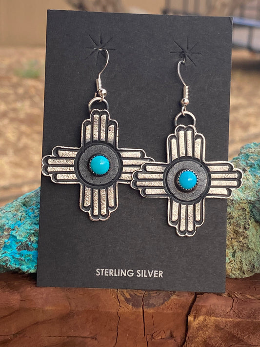 Handcrafted Turquoise & Sterling Silver Zia Dangle Earrings By Kevin Billah