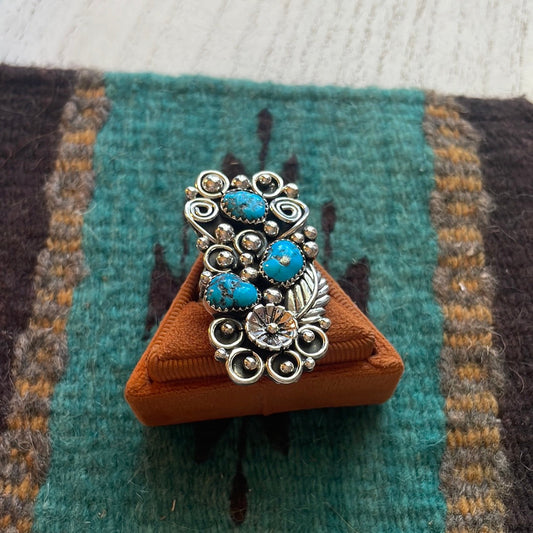 Handcrafted Sterling Silver & Turquoise Flower Ring Size 11