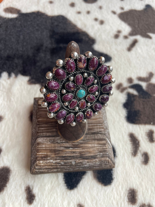 Handcrafted Turquoise And Purple Spiny Sterling Silver Adjustable Ring