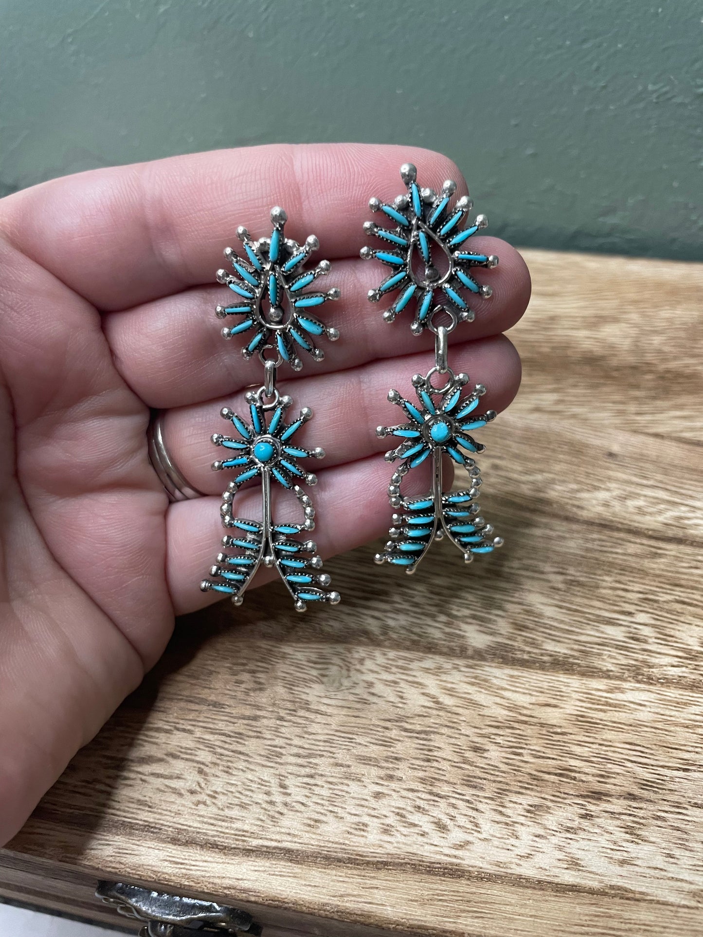 Handmade Sterling Silver And Turquoise Needlepoint Dangle Earrings