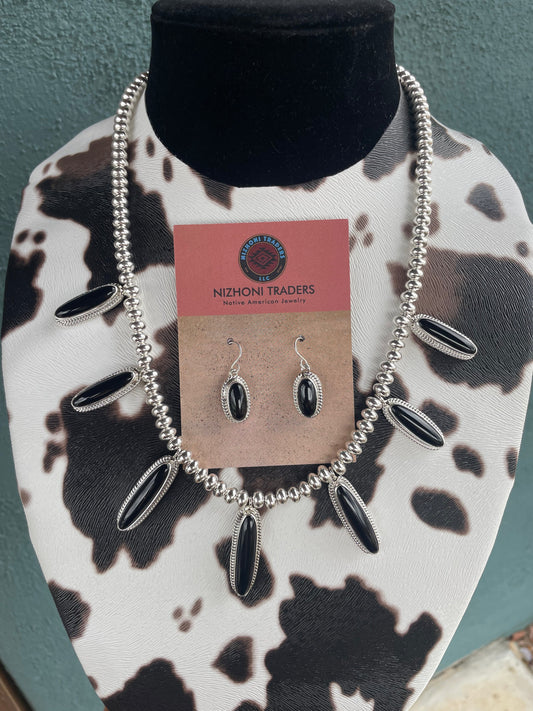 Handcrafted Sterling Silver & Black Onyx Necklace & Earring Set Signed