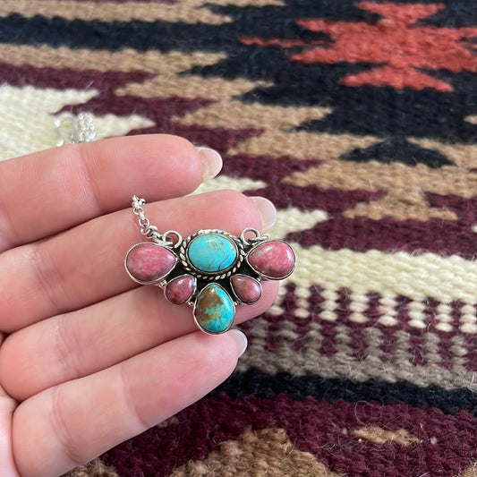 Handmade Sterling Silver, Rhodonite & Turquoise Necklace