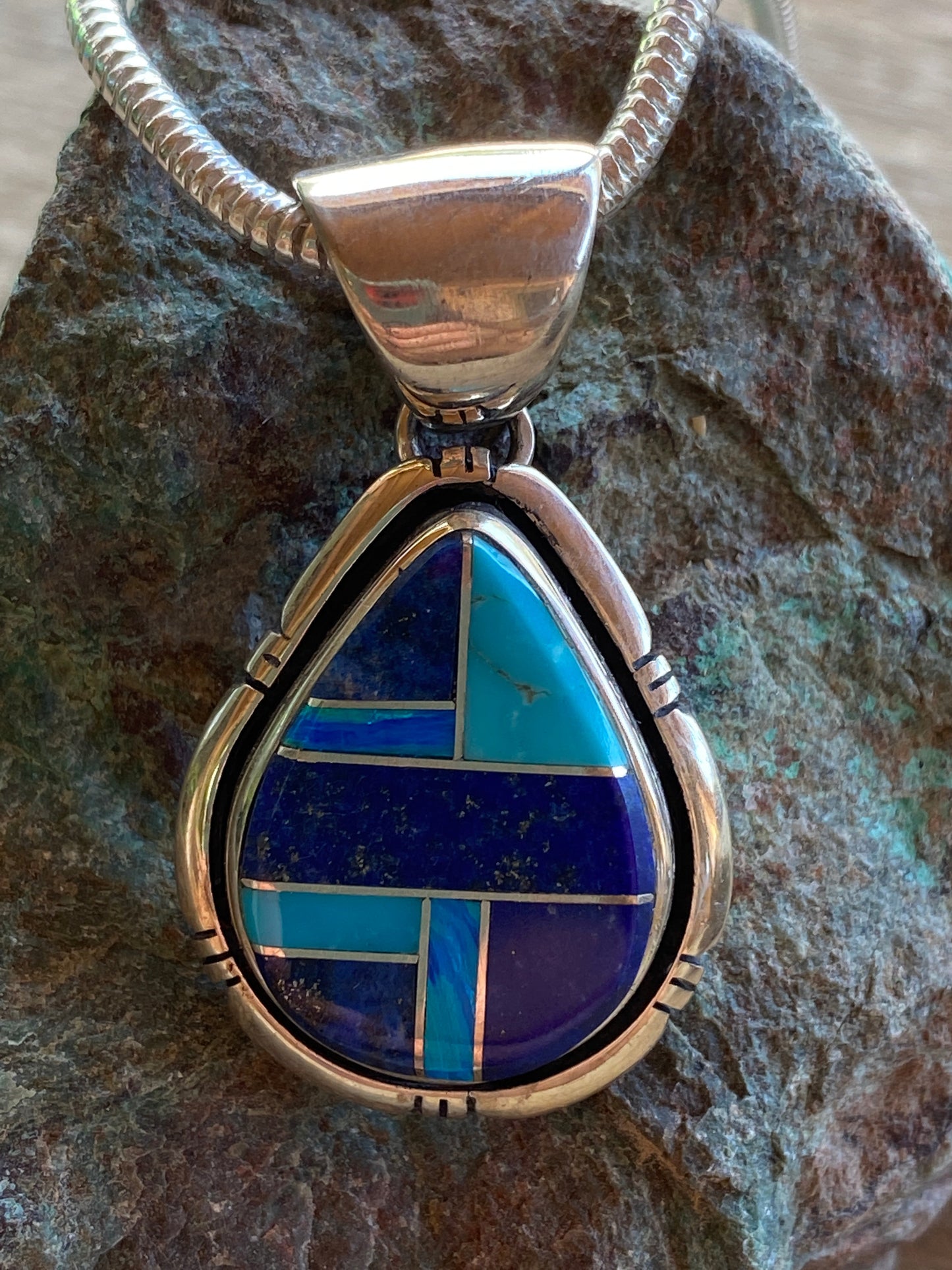 Navajo Lapis, Turquoise, Blue Opal Drop Pendant
