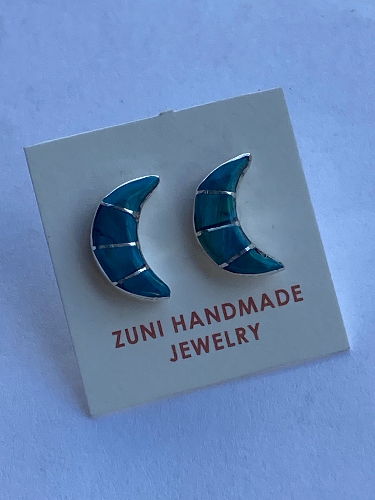 Zuni Sterling Silver & Malachite Inlay Moon Stud Earrings