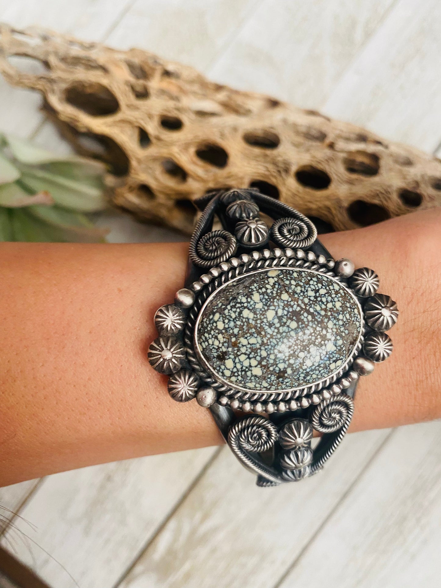 Handcrafted New Lander Turquoise & Sterling Silver Cuff Bracelet Signed