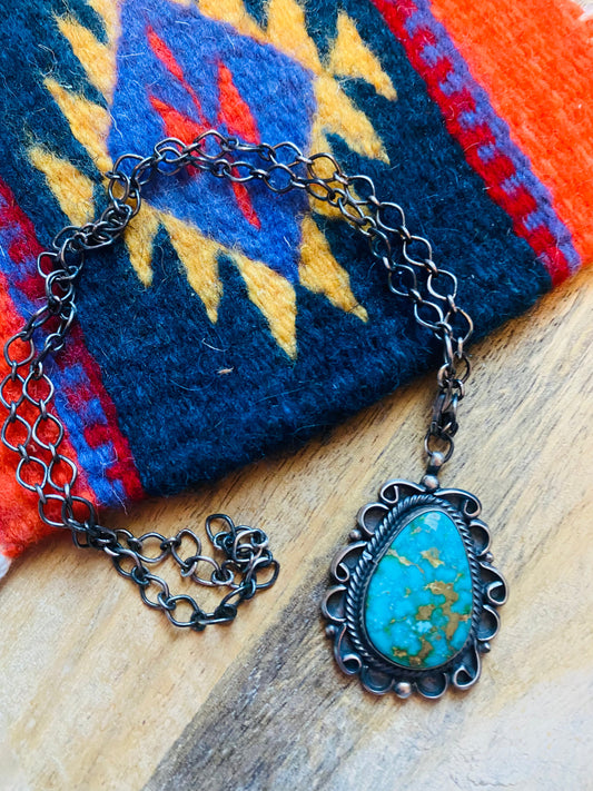 Handcrafted Sterling Silver & Royston Turquoise Necklace Signed