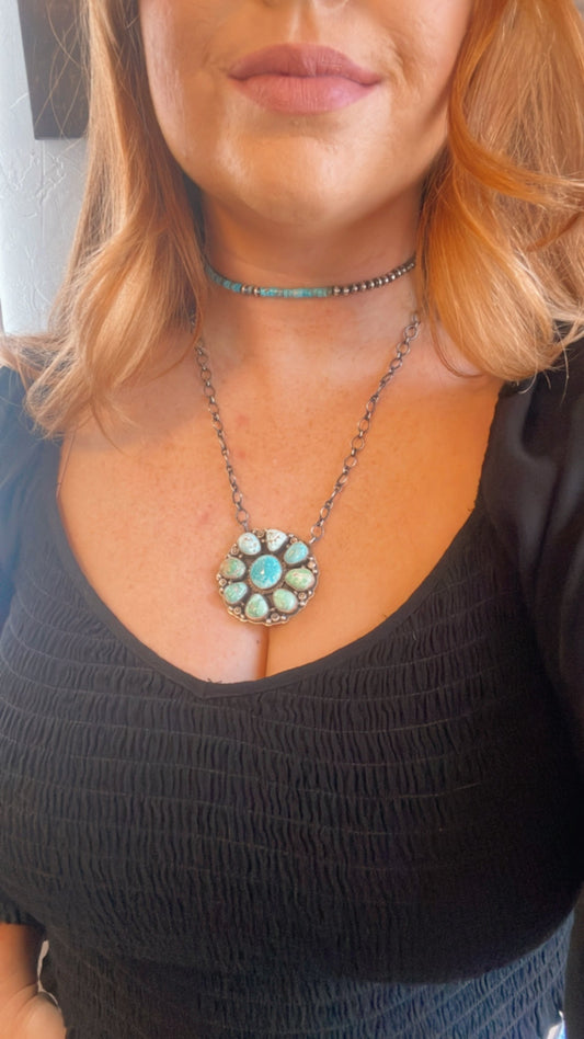 Handcrafted Carico Lake & Royston Turquoise Cluster Necklace Stamped & Signed