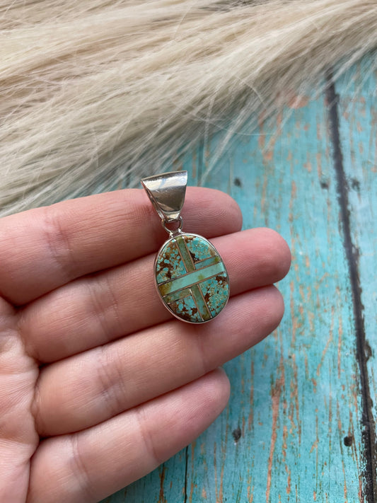 Handcrafted Number 8 Turquoise Inlay & Sterling Silver Pendant Signed