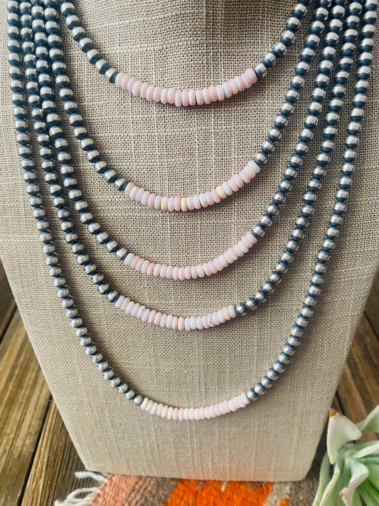 Handcrafted Sterling Silver Pearl & Queen Pink Conch Beaded Necklace 5mm