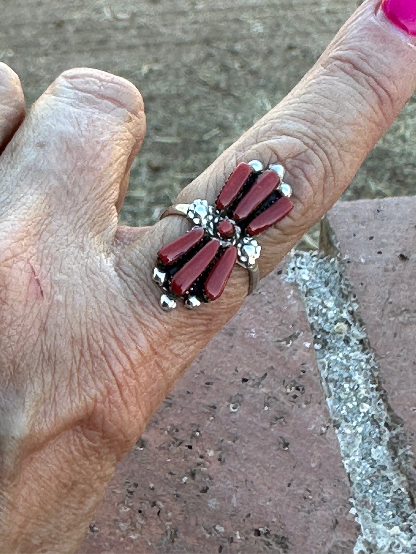 Handcrafted Sterling Silver & Coral Needlepoint Ring