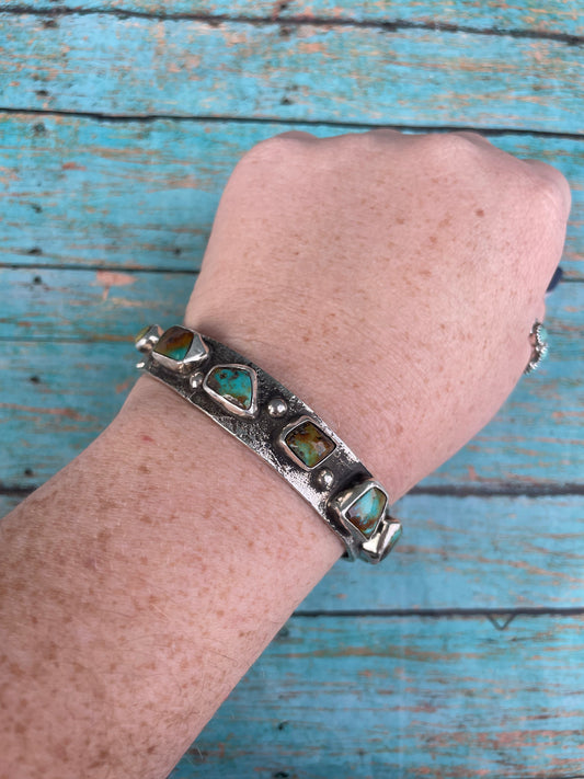 Handcrafted Native Royston Turquoise Sterling Silver Bangle By Jude Candeleria