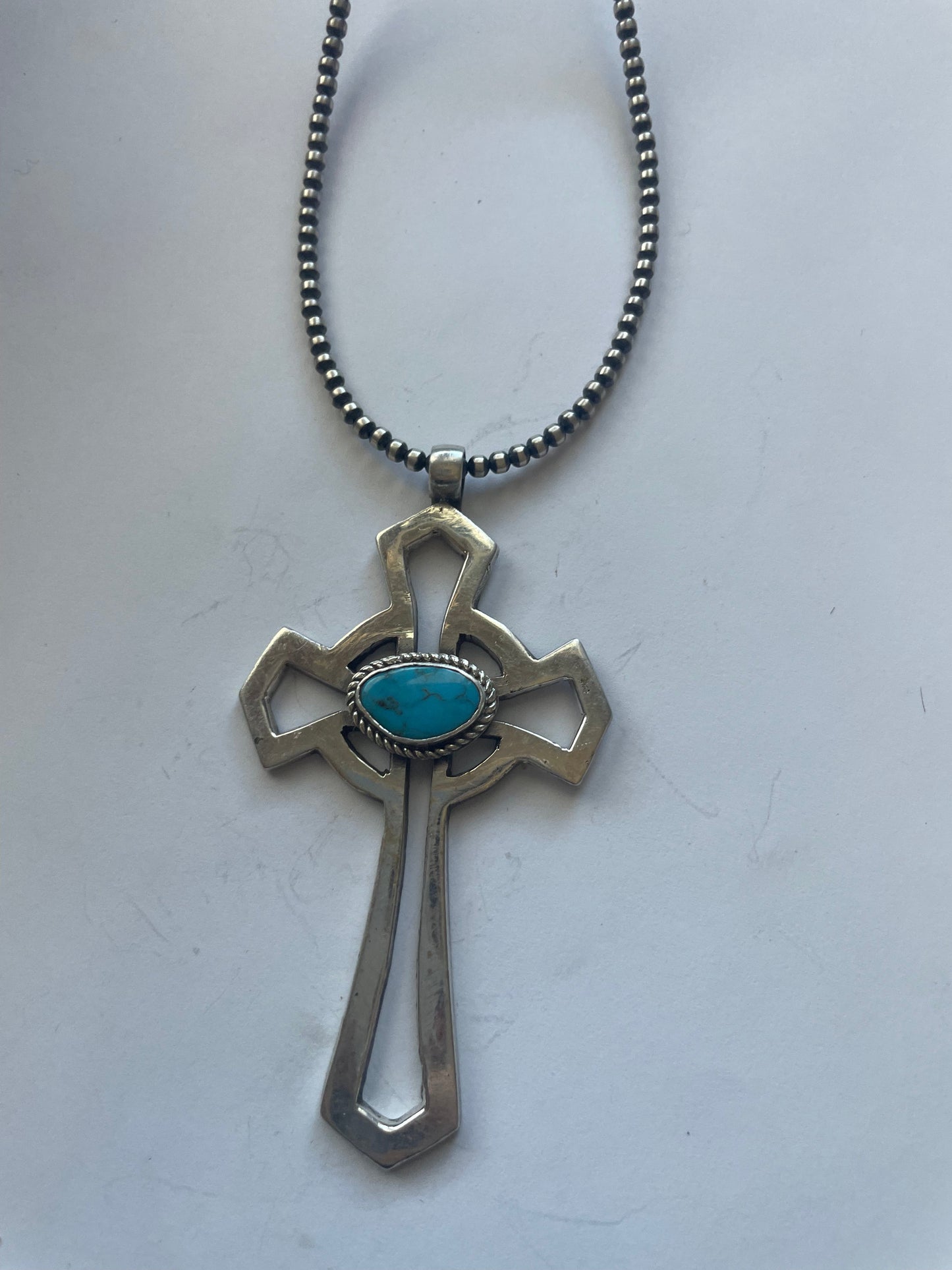 Handcrafted Sterling Silver & Turquoise Cross Pendant Signed Eugene Mitchell