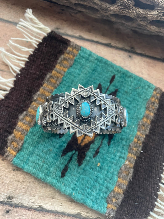 Handcrafted Sterling Cuff & Kingman Turquoise Cuff Bracelet Signed /