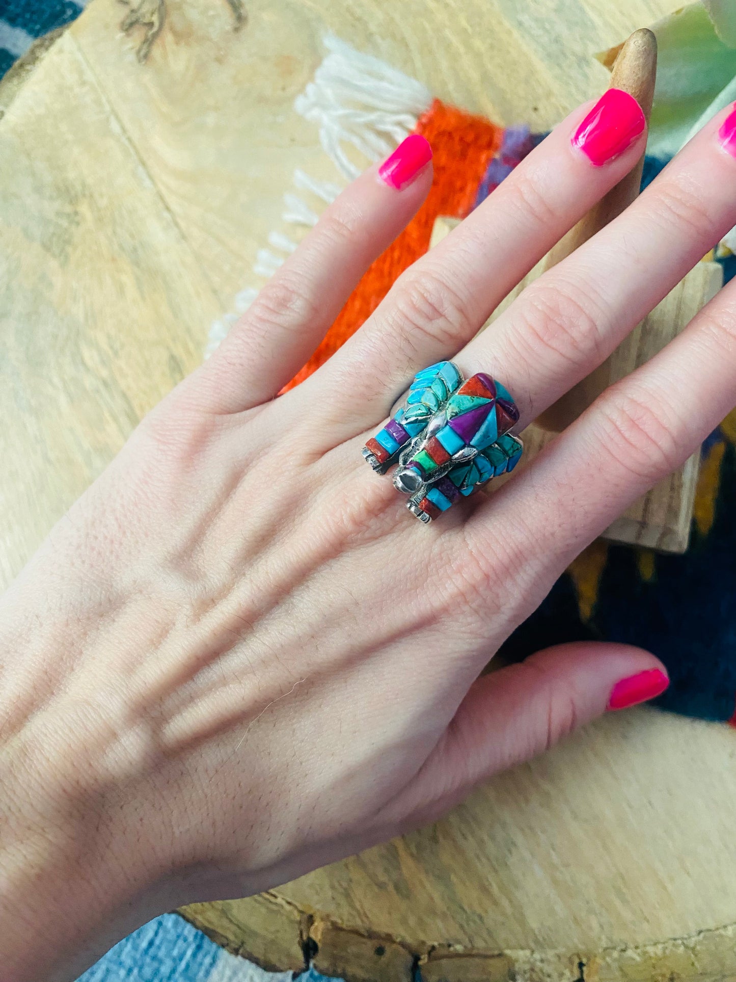 Handmade Sterling Silver & Multi Stone Inlay Elephant Ring Size 7.5