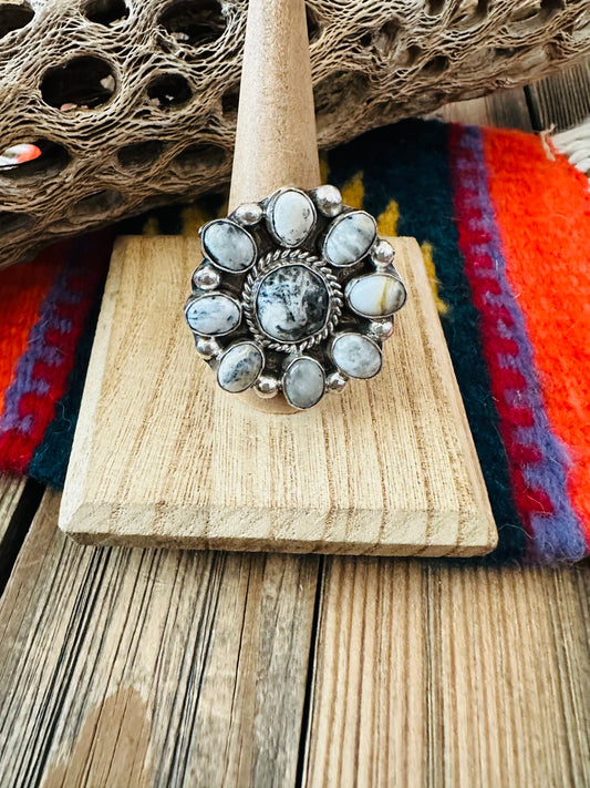 Handcrafted Sterling Silver And White Buffalo Cluster Adjustable Ring