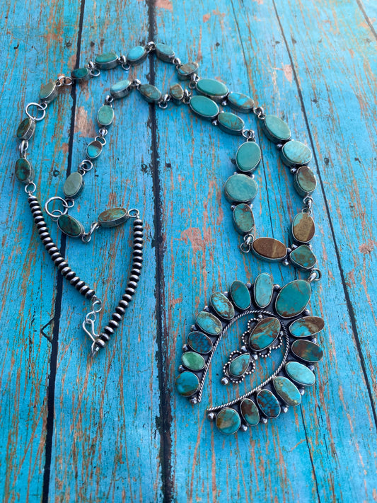 Handcrafted Sterling Silver & Royston Turquoise Drop Necklace Signed