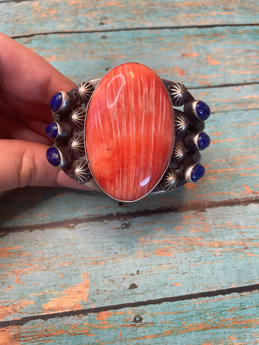 Chimney Butte Handcrafted Orange Spiny And Lapis Sterling Silver Cuff Bracelet Signed