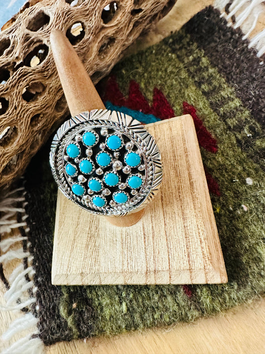 Handcrafted Sterling Silver & Turquoise Cluster Ring Signed