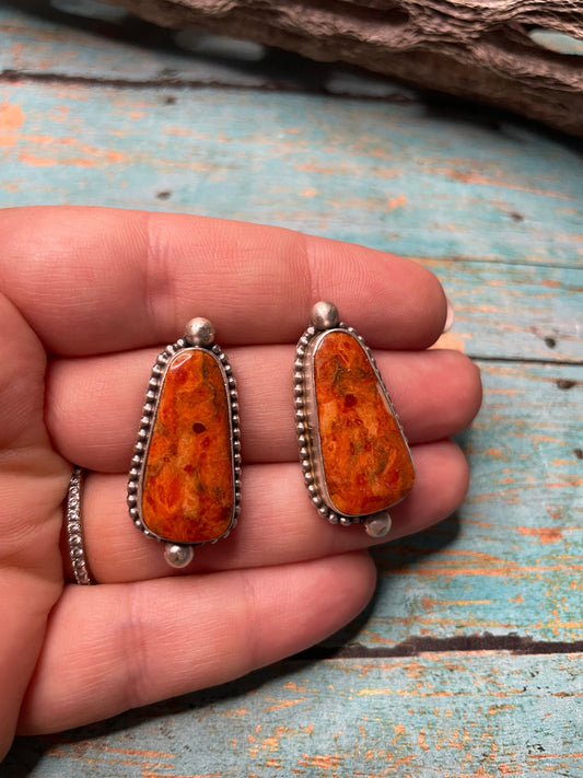 Handcrafted Apple Coral And Sterling Silver Post Earrings Signed