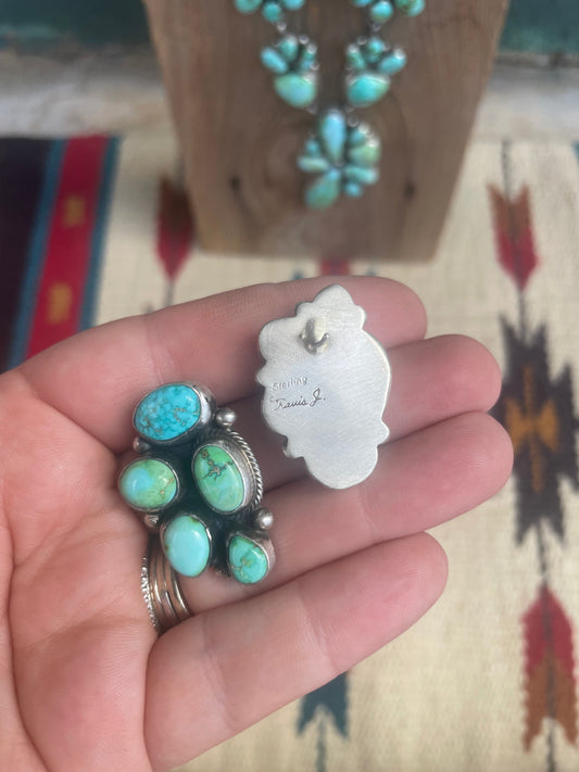 Beautiful Handcrafted Sterling Silver Sonoran Mountain Turquoise Necklace & Earring Set Signed Travis J
