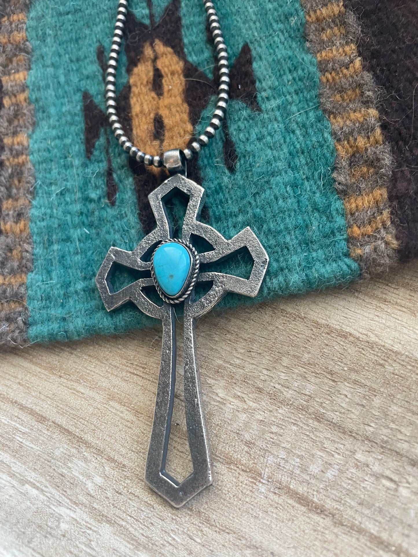Handcrafted Sterling Silver & Turquoise Cross Pendant Signed Eugene Mitchell