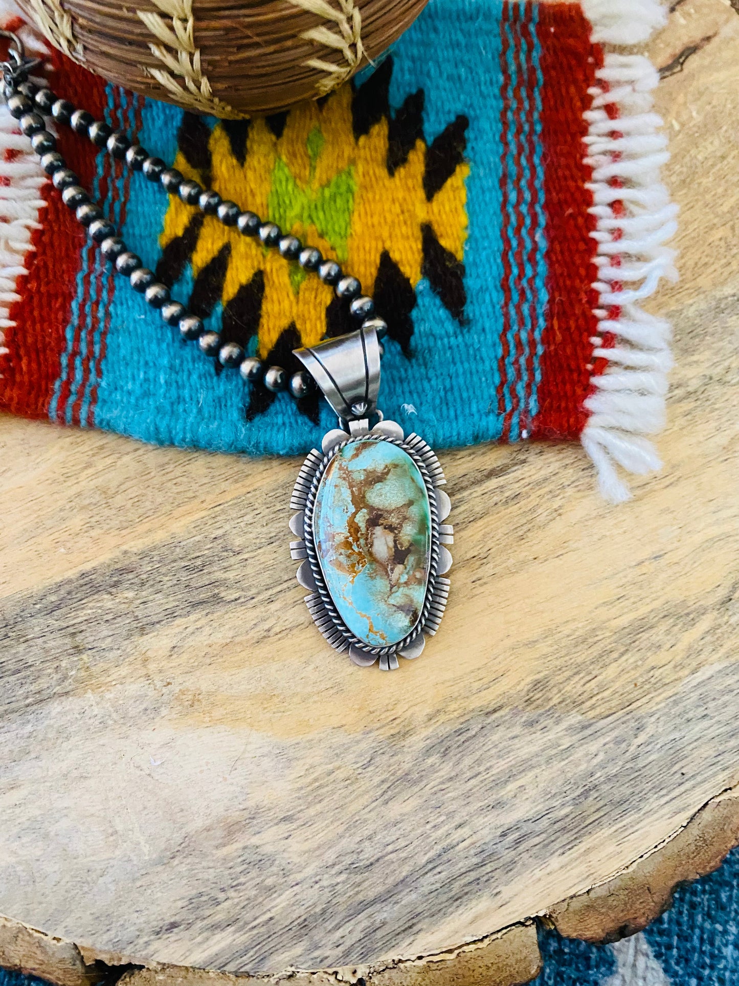 Handcrafted Royston Turquoise and Sterling Silver Pendant by Russell Sam