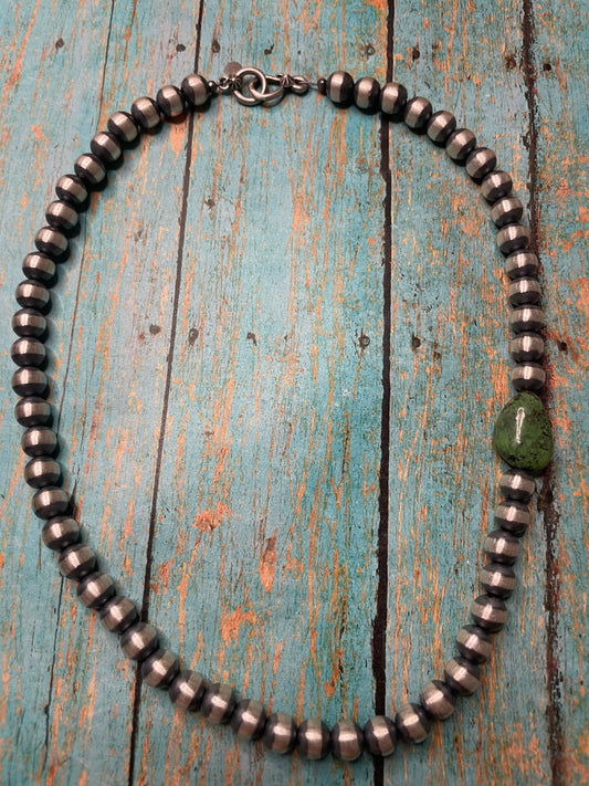 Navajo Sterling Silver Pearl 8mm Beaded Necklace With Turquoise Stone 18INCH