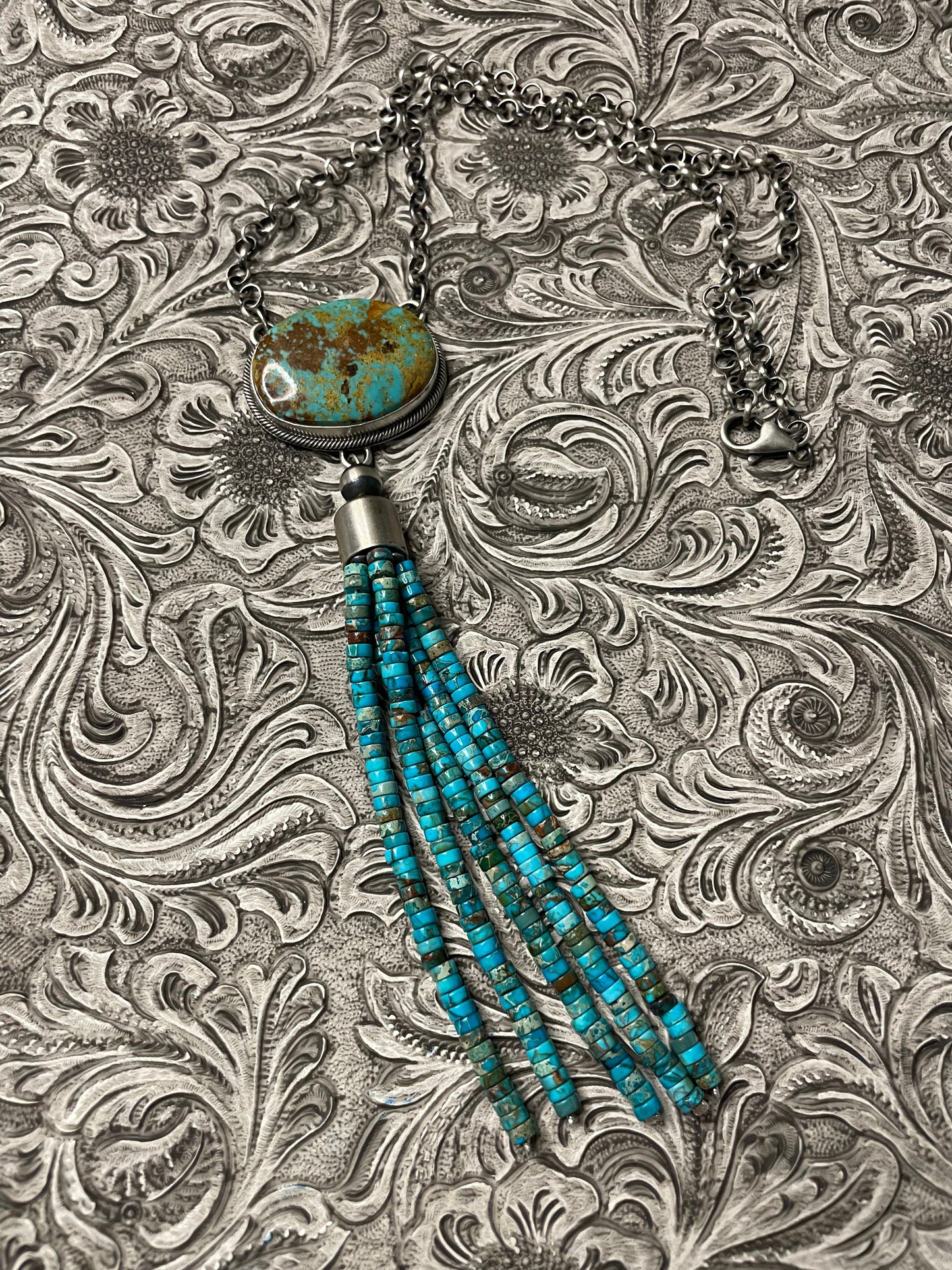 Handcrafted Turquoise & Sterling Silver Drop Necklace Signed Emer Thompson