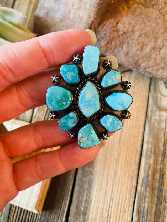 Handcrafted Kingman Turquoise & Sterling Silver Cluster Ring Size 8.5