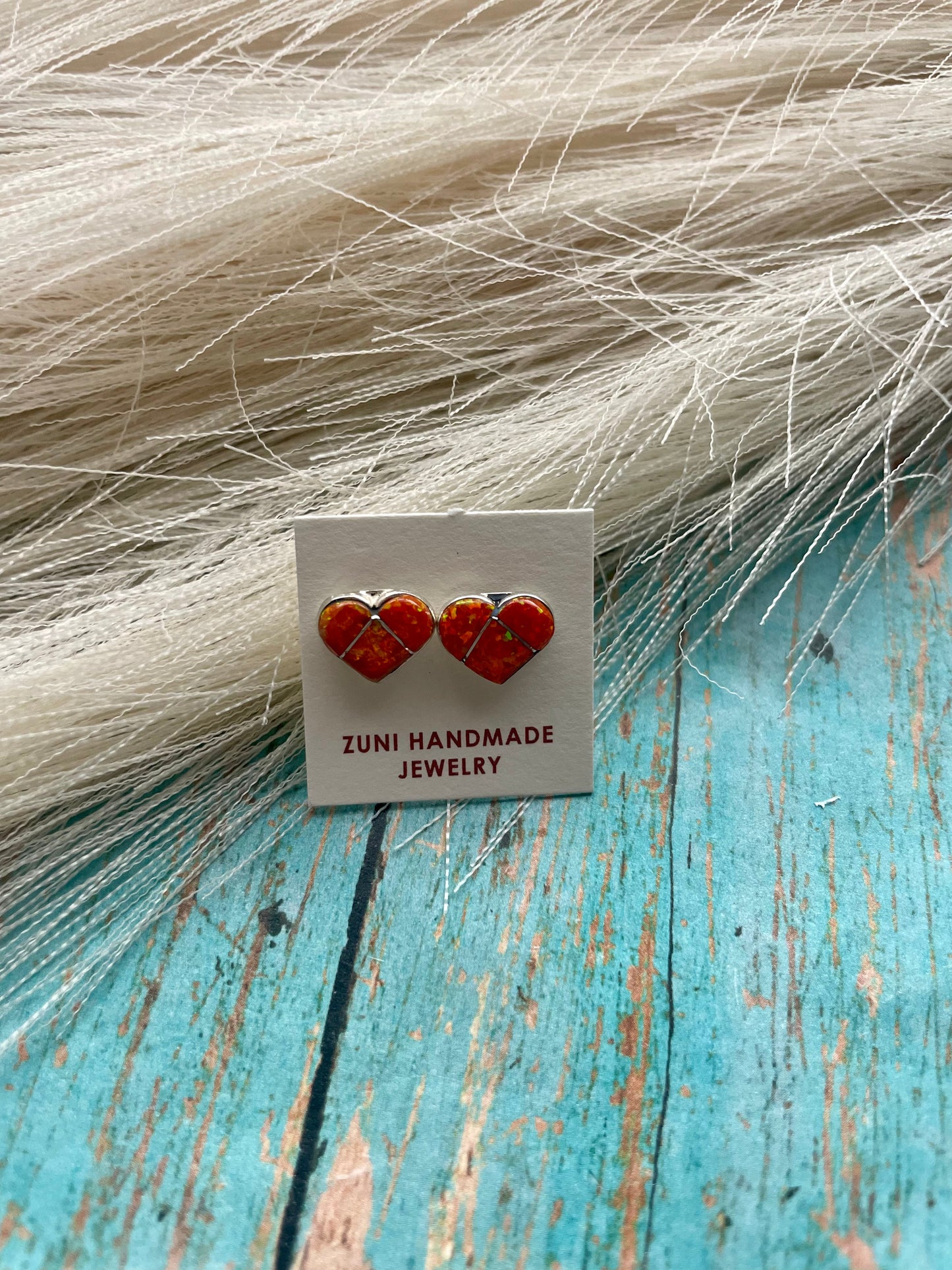 Handcrafted Sterling Silver & Orange Opal Inlay Heart Stud Earrings