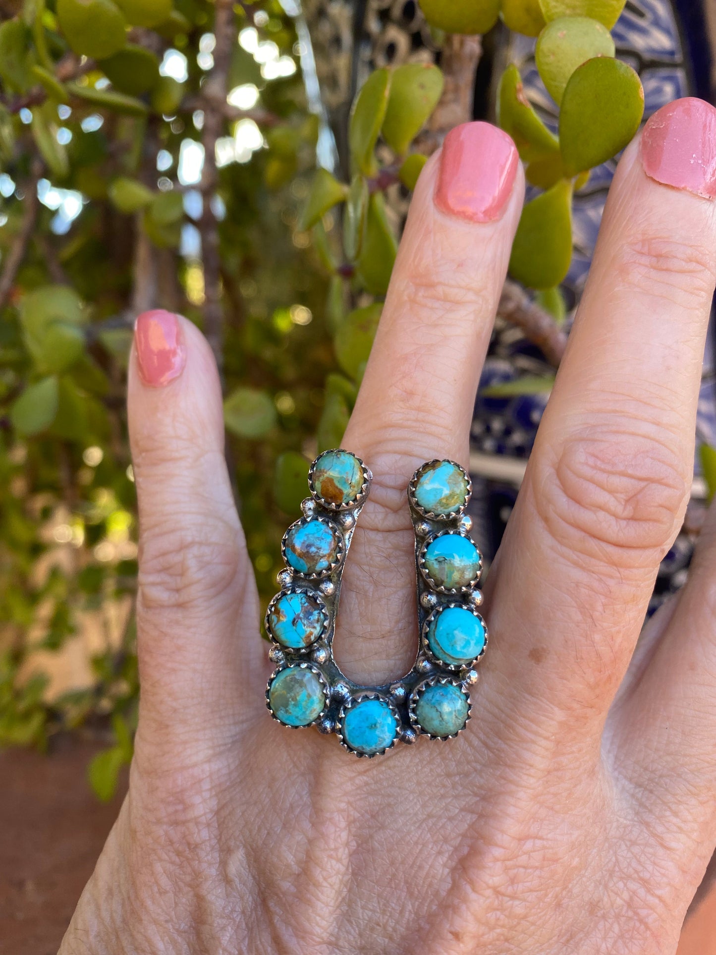 Handmade Horseshoe Sterling Silver & Natural Royston Turquoise Cluster Ring