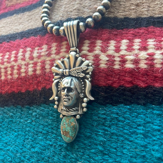 Beautiful Handcrafted Sterling Silver & Turquoise Chief Pendant Signed Russell Sam
