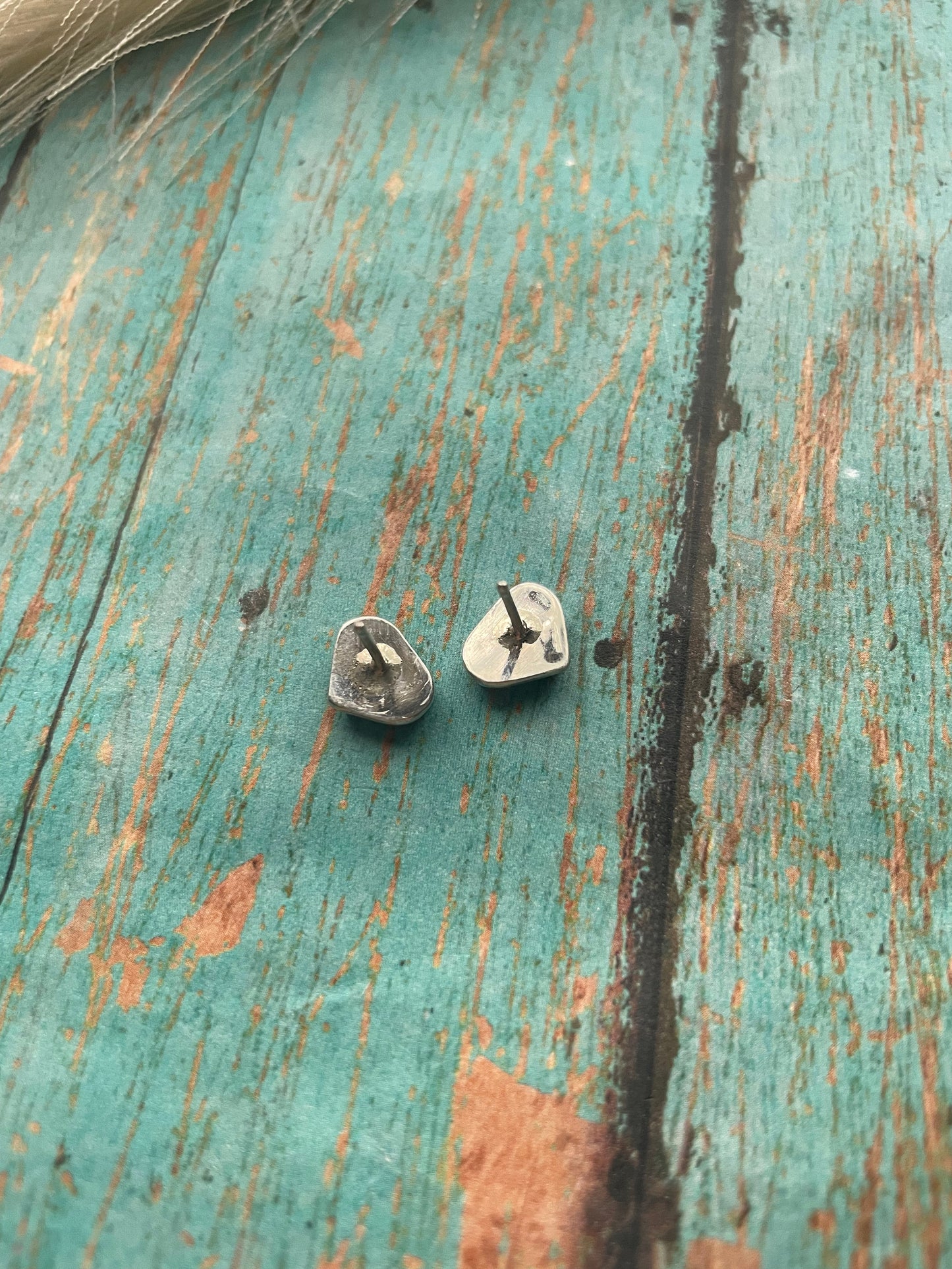 Handcrafted Sterling Silver & Blue Opal Inlay Heart Stud Earrings