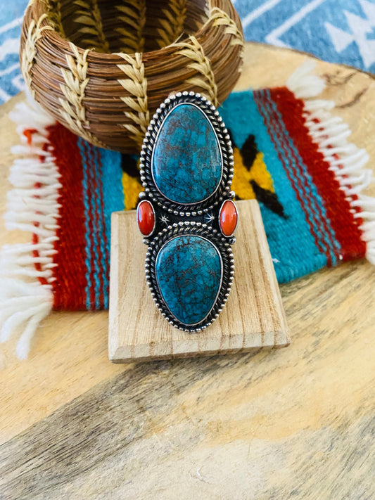 Handcrafted Kingman Turquoise, Coral & Sterling Silver Adjustable Ring