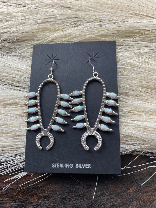Handcrafted Sterling Silver & Opal Squash Blossom Dangle Earrings