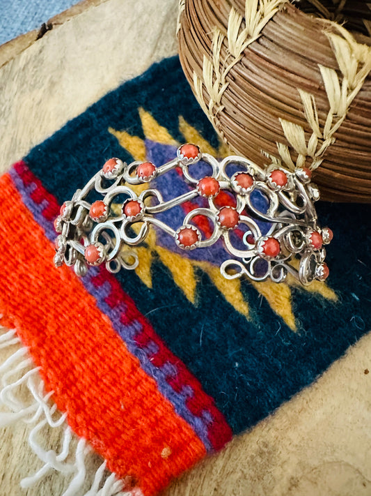 Handcrafted Coral & Sterling Silver Cuff Bracelet Signed