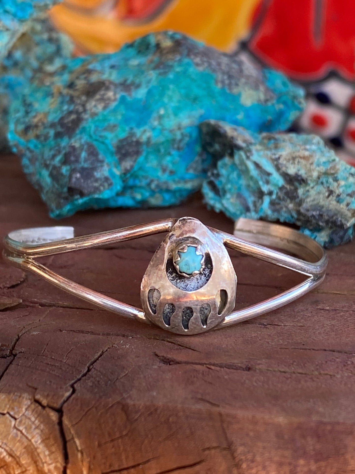 Handcrafted Sterling Silver And Turquoise Baby Bear Paw Cuff Bracelet