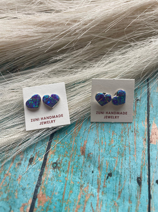 Handcrafted Sterling Silver & Purple Opal Inlay Heart Stud Earrings