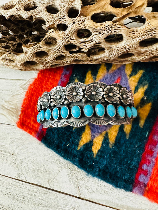 Handcrafted Turquoise & Sterling Silver Flower Cuff Bracelet /