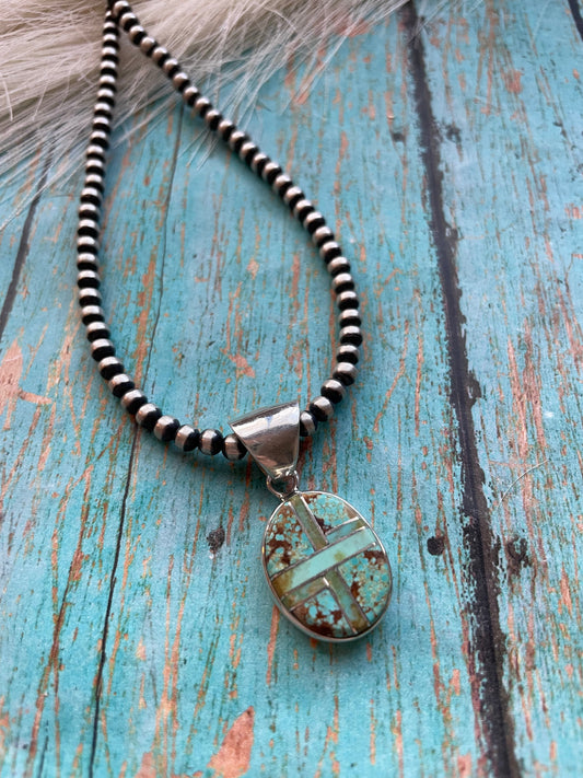 Handcrafted Number 8 Turquoise Inlay & Sterling Silver Pendant Signed